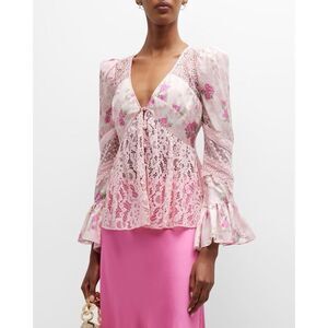 NWT LoveShackFancy Priema Silk Lace Floral Top Pink Bell Sleeve Blouse Size S
